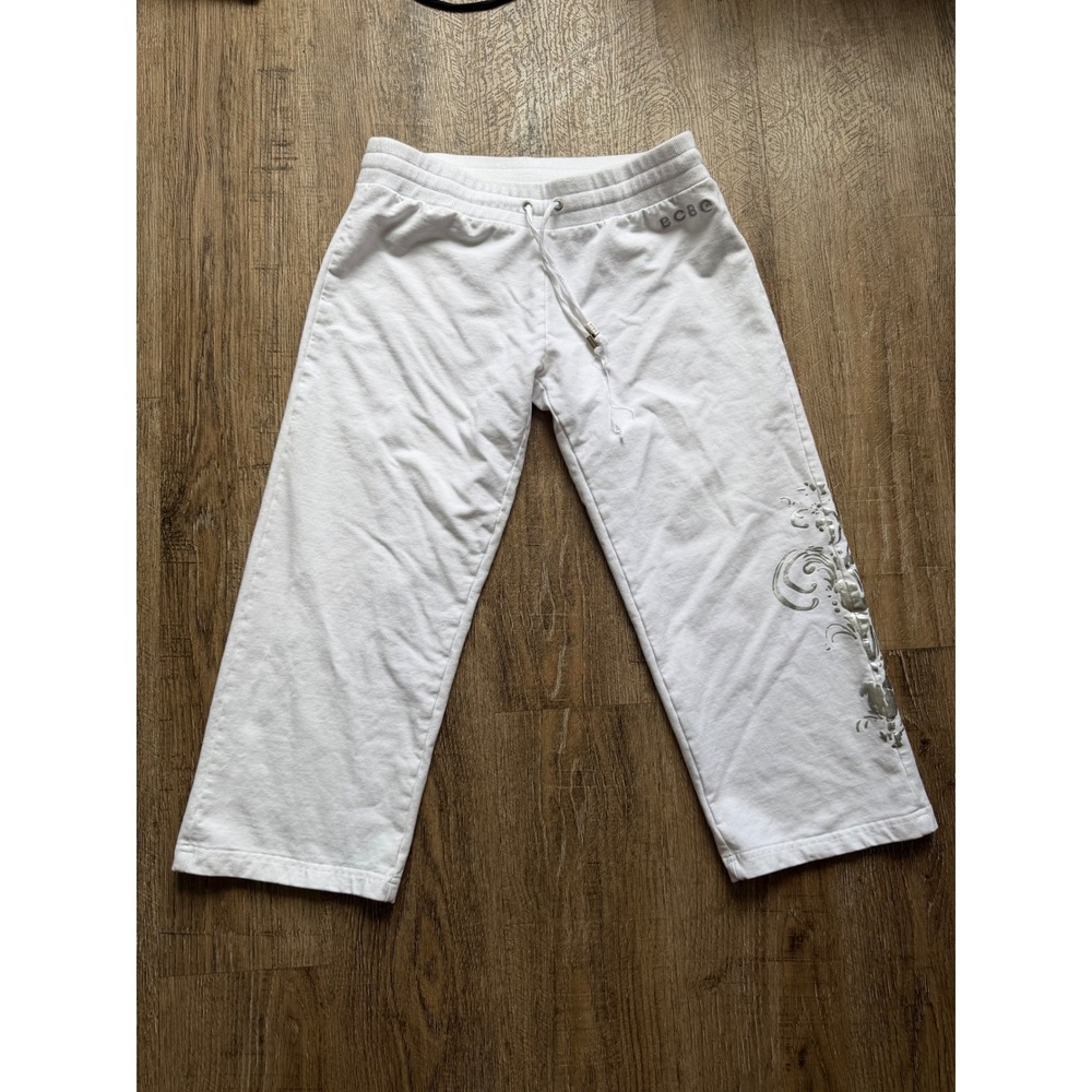 BCBG White Cropped Sweatpants Silver Foil Graphic Y2K Joggers Medium